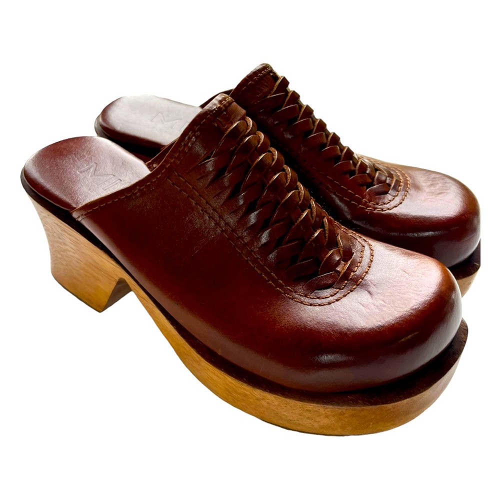 MIA Brown Woven Leather And Wood Clogs